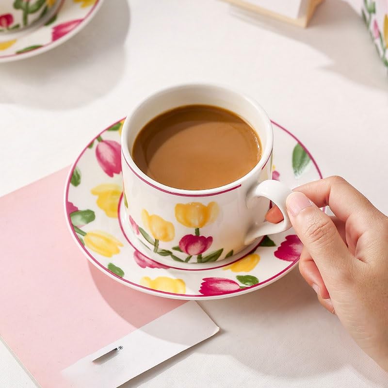 Hand-Painted Ceramic Coffee Cup & Saucer Set