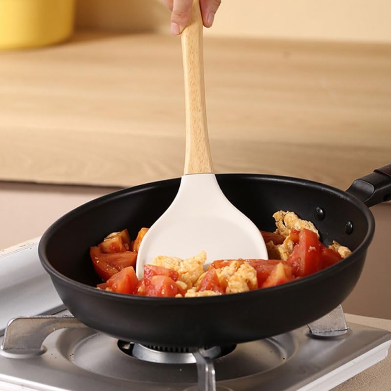 Silicone Spatula & Soup Spoon Set with Wooden Handles