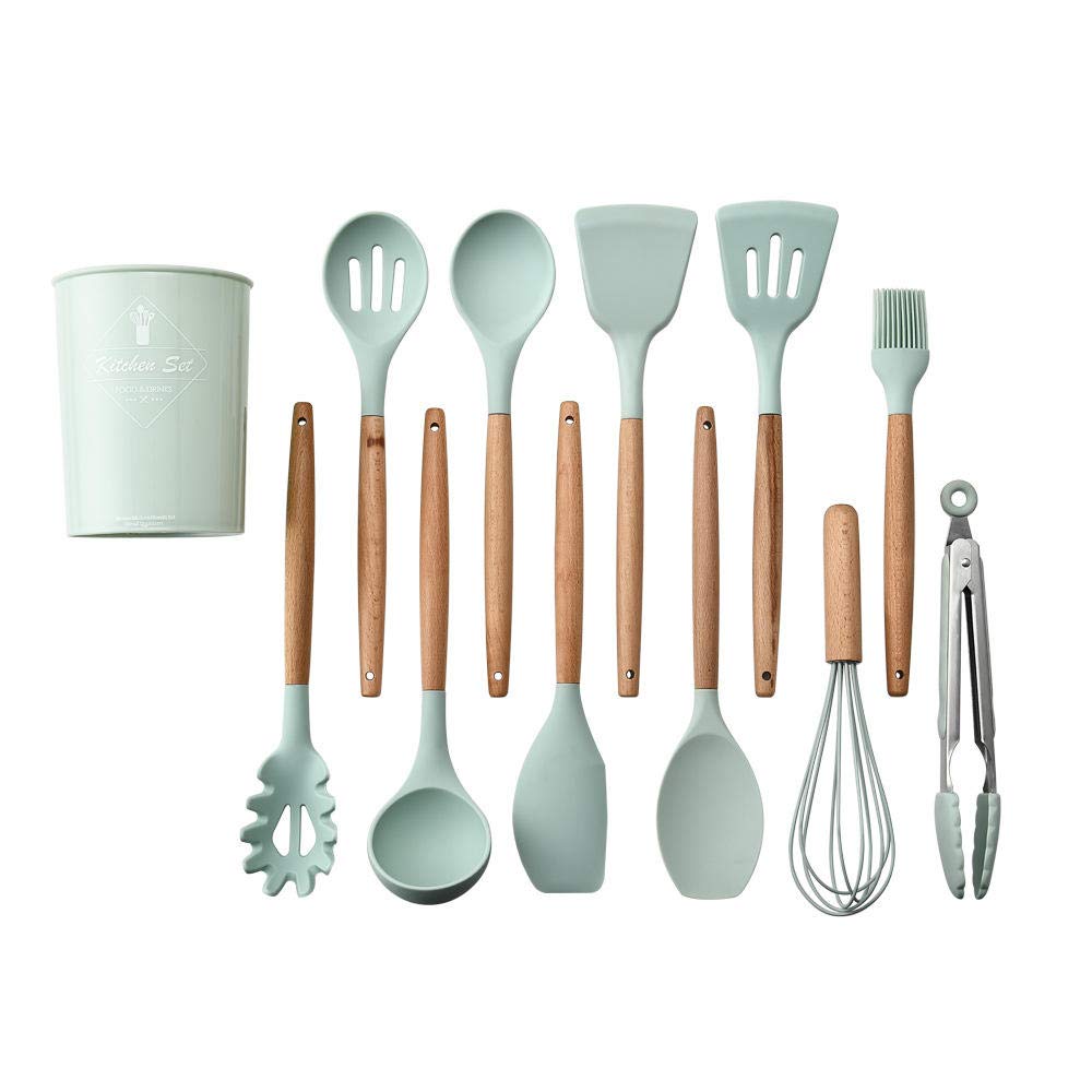 12-Piece Silicone Cooking Utensil Set with Wooden Handles