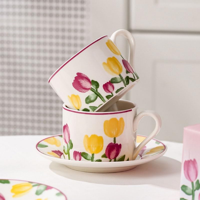 Hand-Painted Ceramic Coffee Cup & Saucer Set