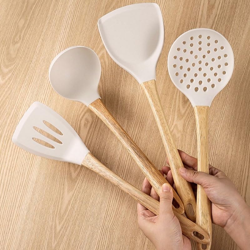 Silicone Spatula & Soup Spoon Set with Wooden Handles