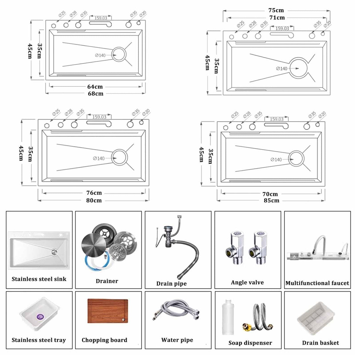 304 Stainless Steel White Waterfall Kitchen Sink Set
