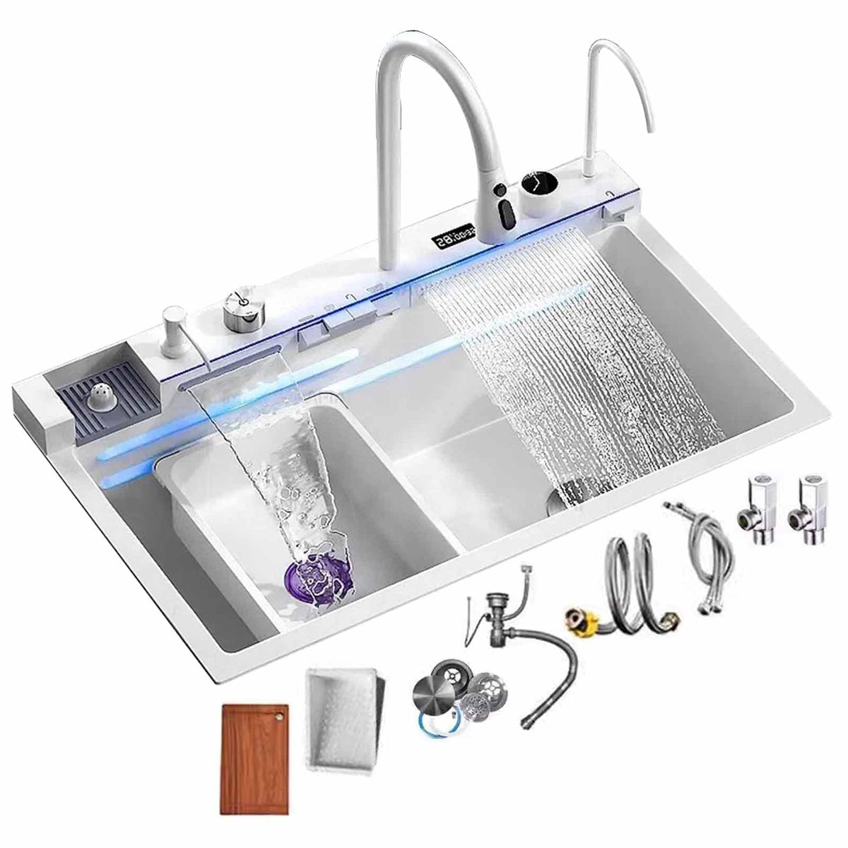 304 Stainless Steel White Waterfall Kitchen Sink Set