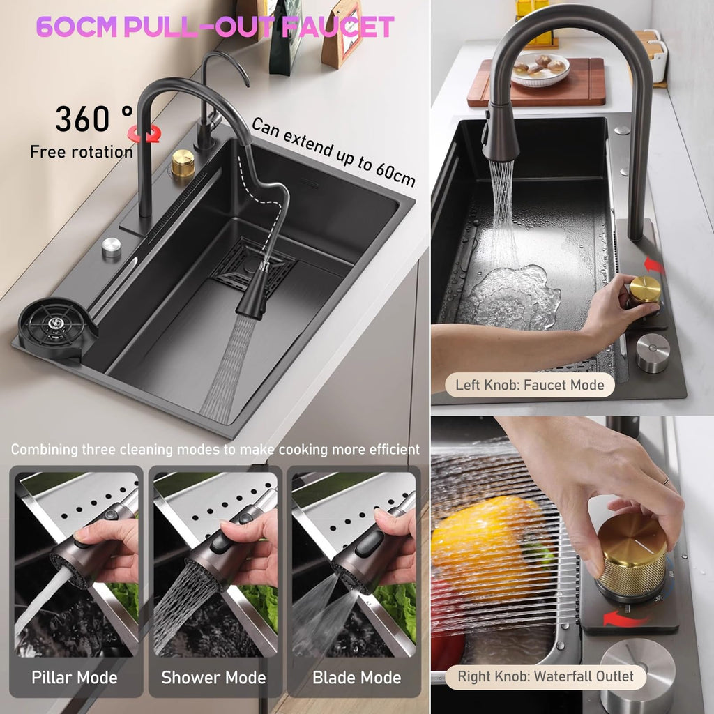 Waterfall Workstation Kitchen Sink with Cup Washer
