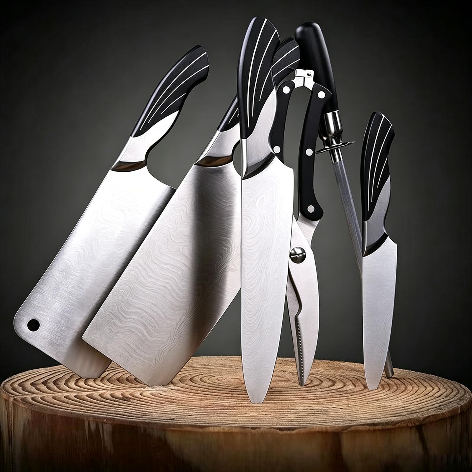 Damascus Kitchen Knife Set with Block