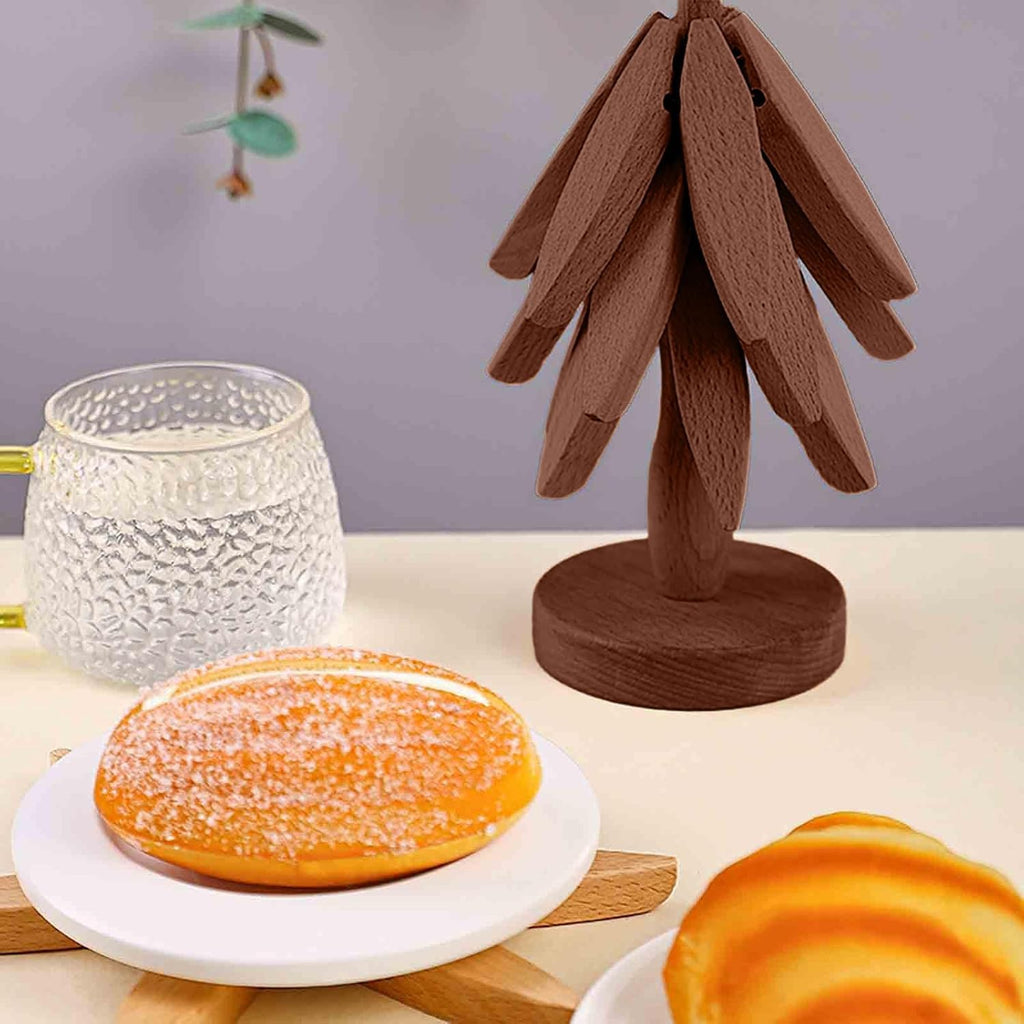Tree-Shaped Wooden Trivet & Coaster Set