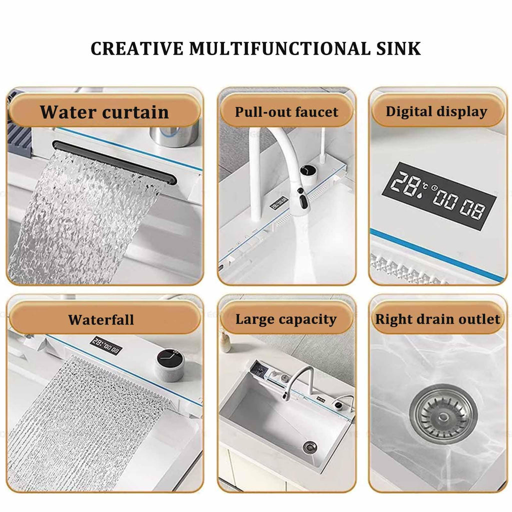 304 Stainless Steel White Waterfall Kitchen Sink Set