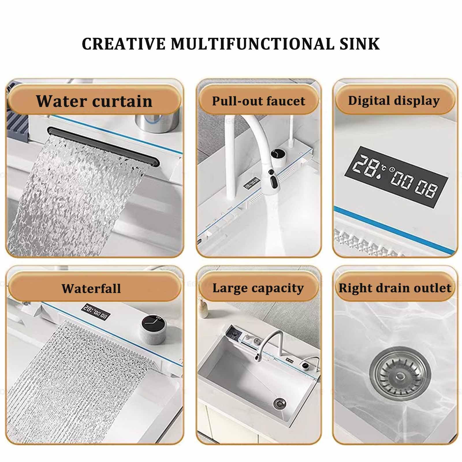 304 Stainless Steel White Waterfall Kitchen Sink Set