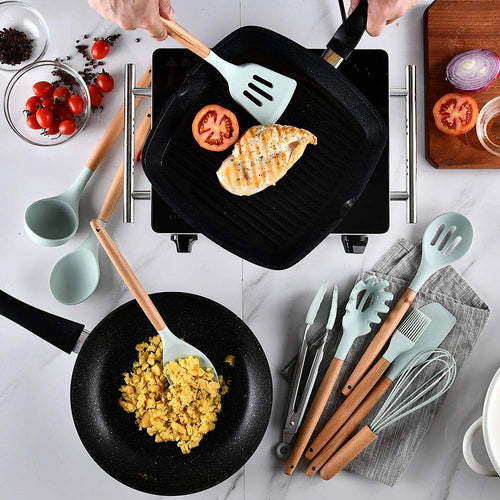 12-Piece Silicone Cooking Utensil Set with Wooden Handles
