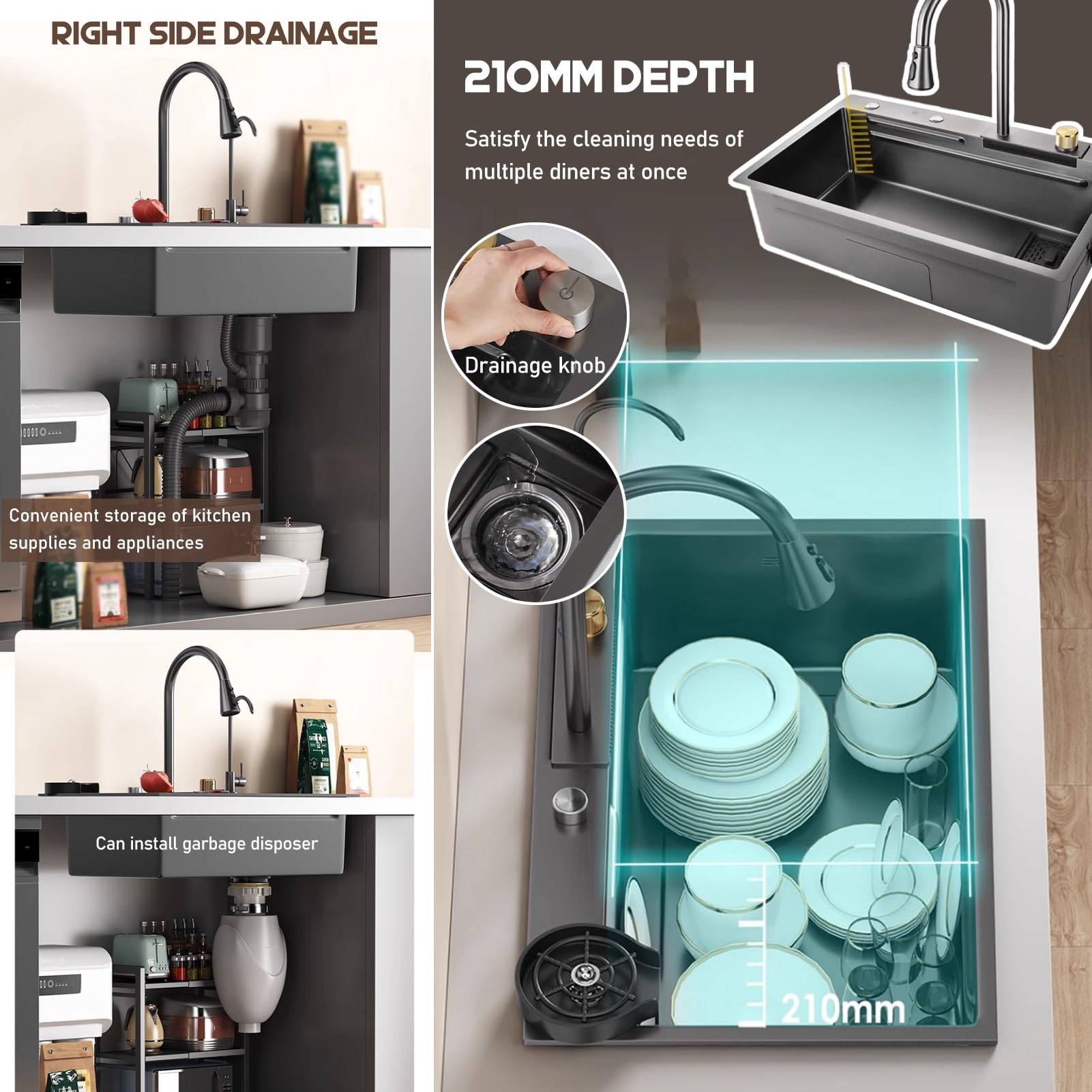Waterfall Workstation Kitchen Sink with Cup Washer