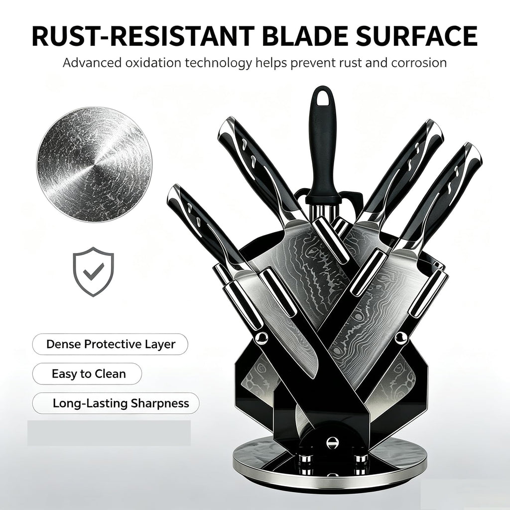 Damascus Kitchen Knife Set, 7 Piece Chef Knives Rotating Block for Cooking