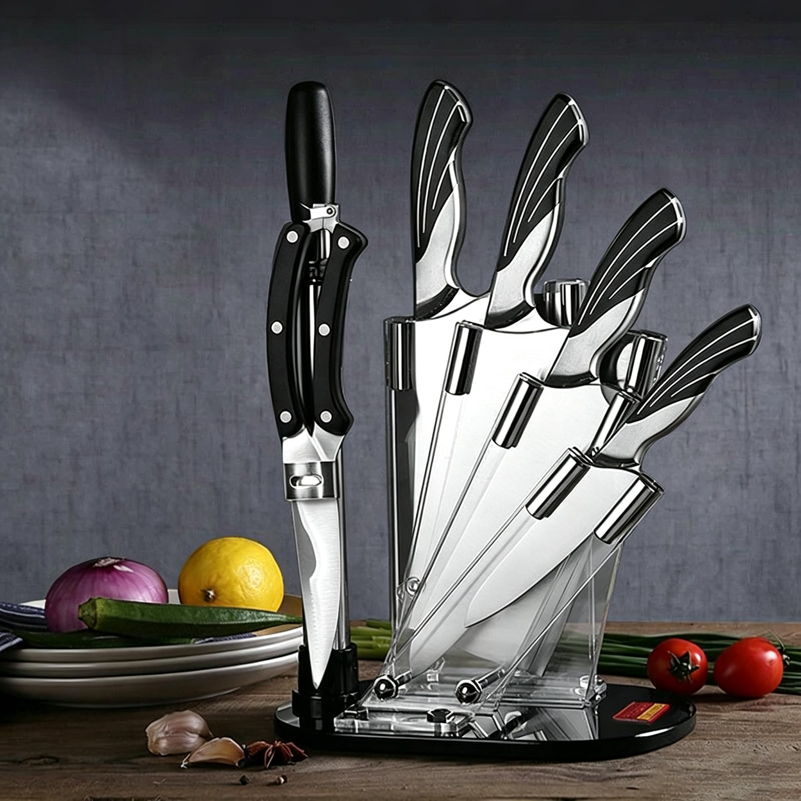 Damascus Kitchen Knife Set with Block