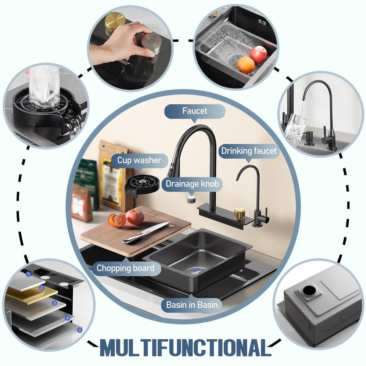 Waterfall Workstation Kitchen Sink with Cup Washer
