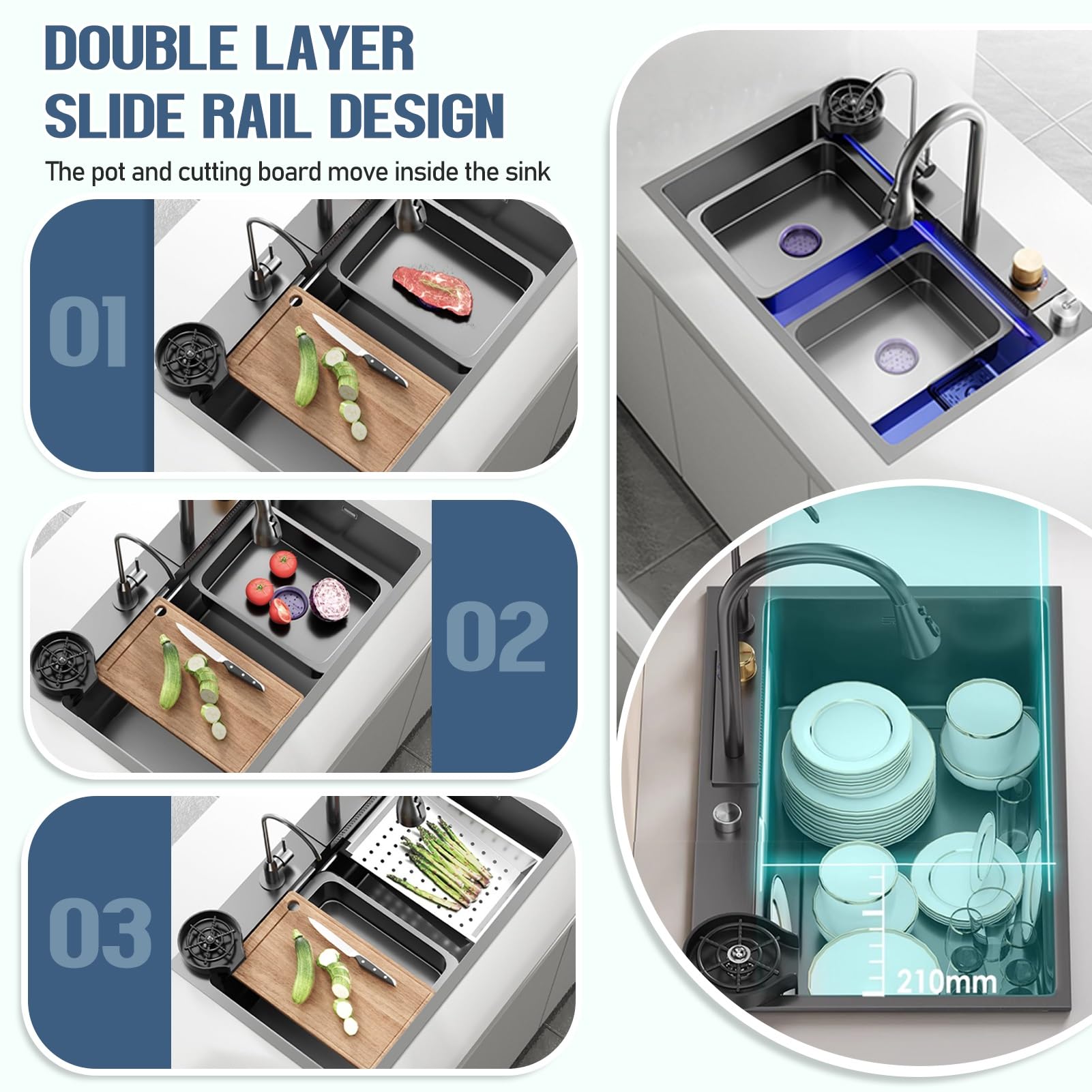 Waterfall Workstation Kitchen Sink with Cup Washer