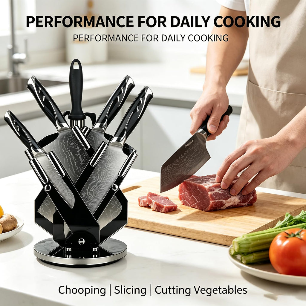 Damascus Kitchen Knife Set, 7 Piece Chef Knives Rotating Block for Cooking