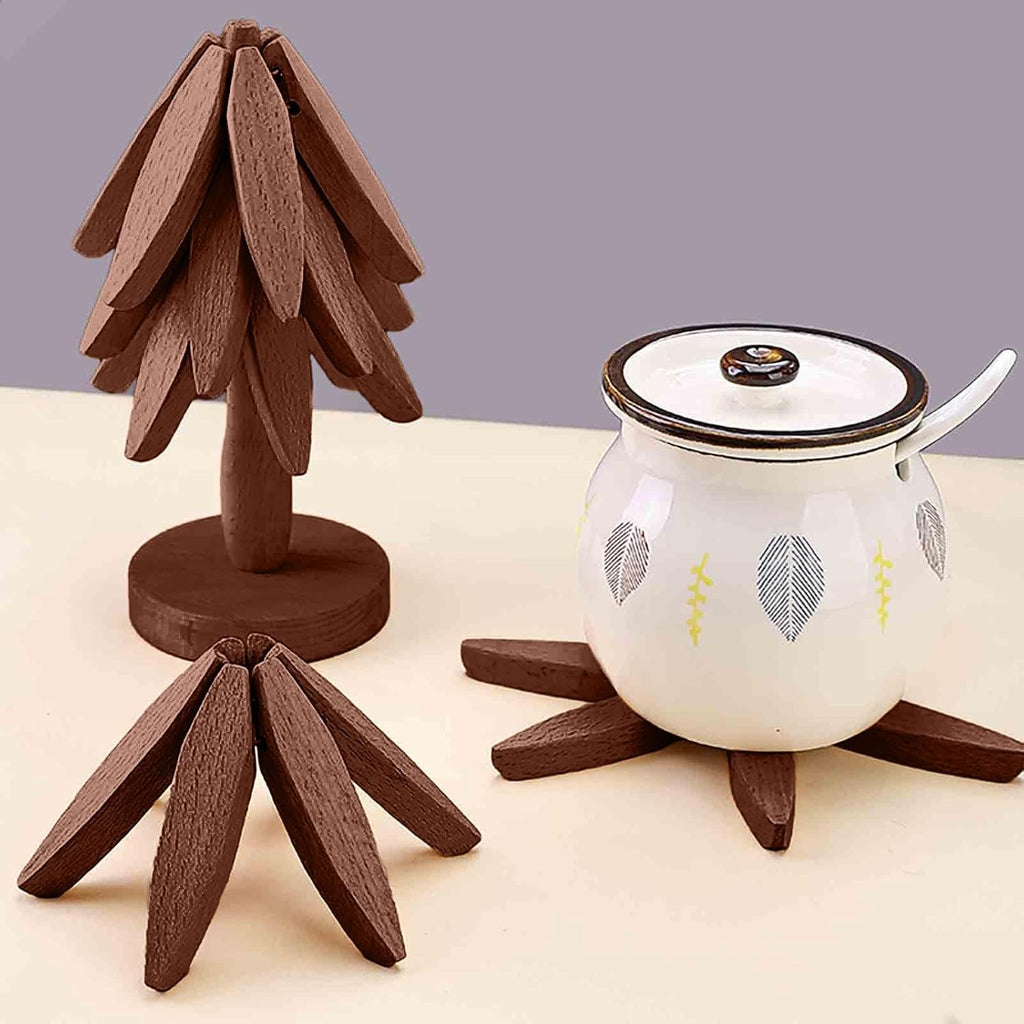 Tree-Shaped Wooden Trivet & Coaster Set