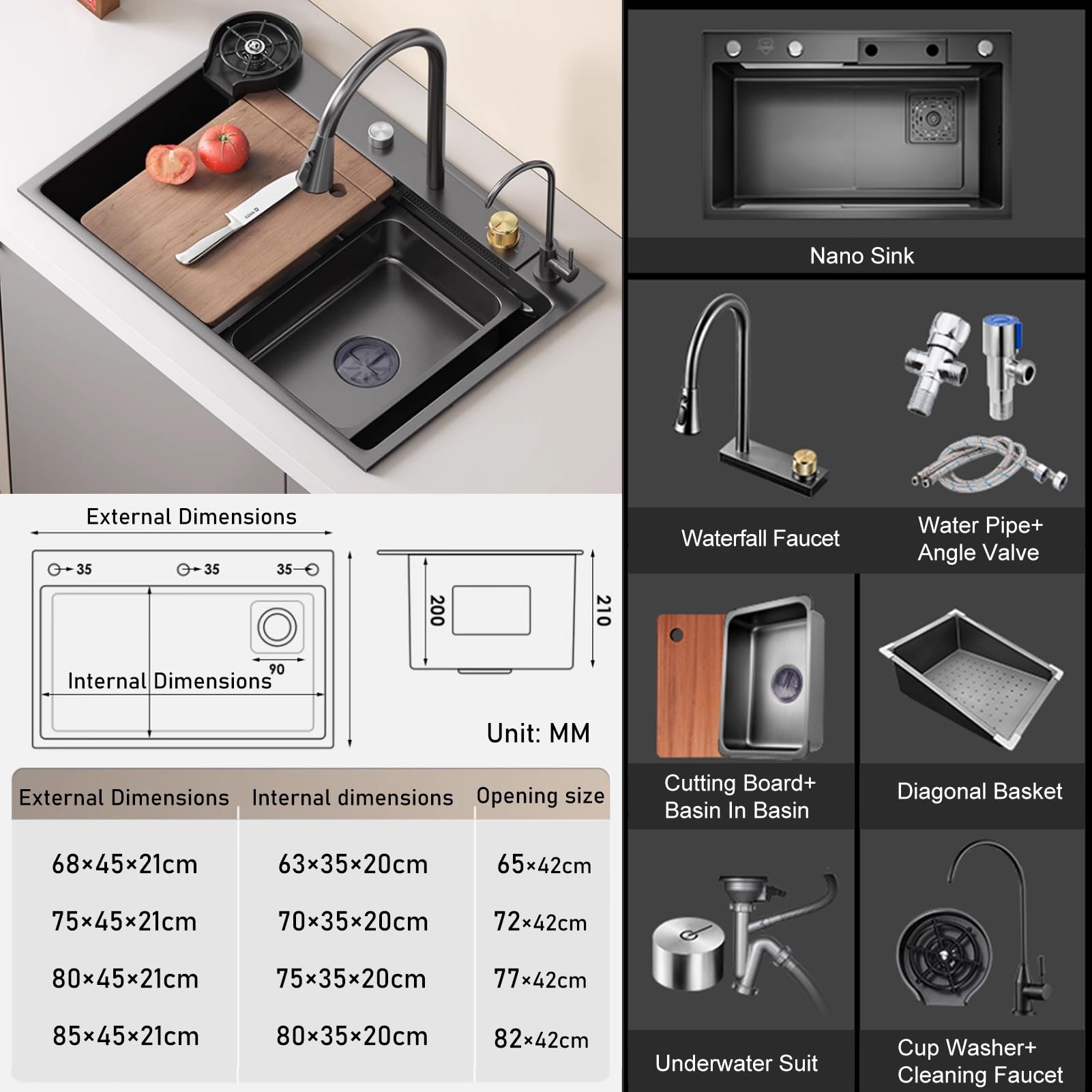 Waterfall Workstation Kitchen Sink with Cup Washer