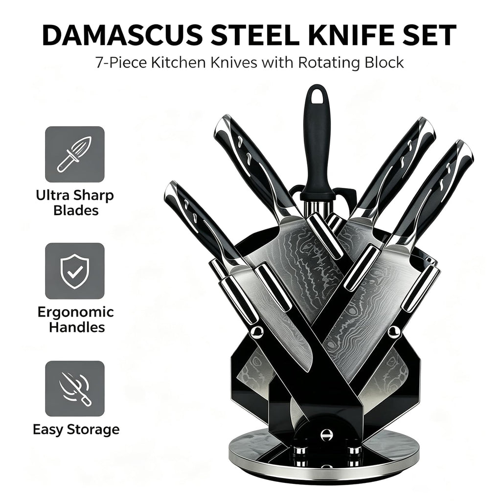 Damascus Kitchen Knife Set, 7 Piece Chef Knives Rotating Block for Cooking