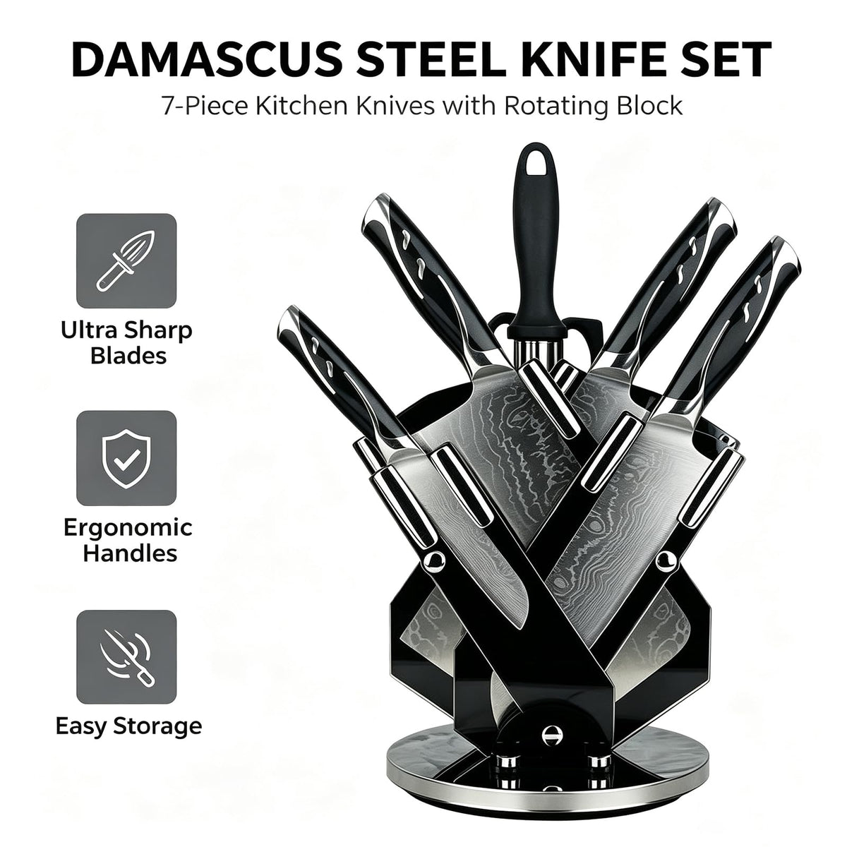 Damascus Kitchen Knife Set, 7 Piece Chef Knives Rotating Block for Cooking