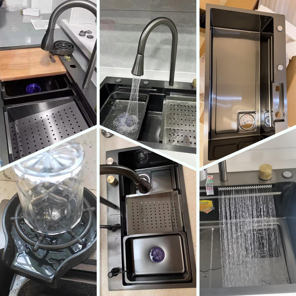 Waterfall Workstation Kitchen Sink with Cup Washer
