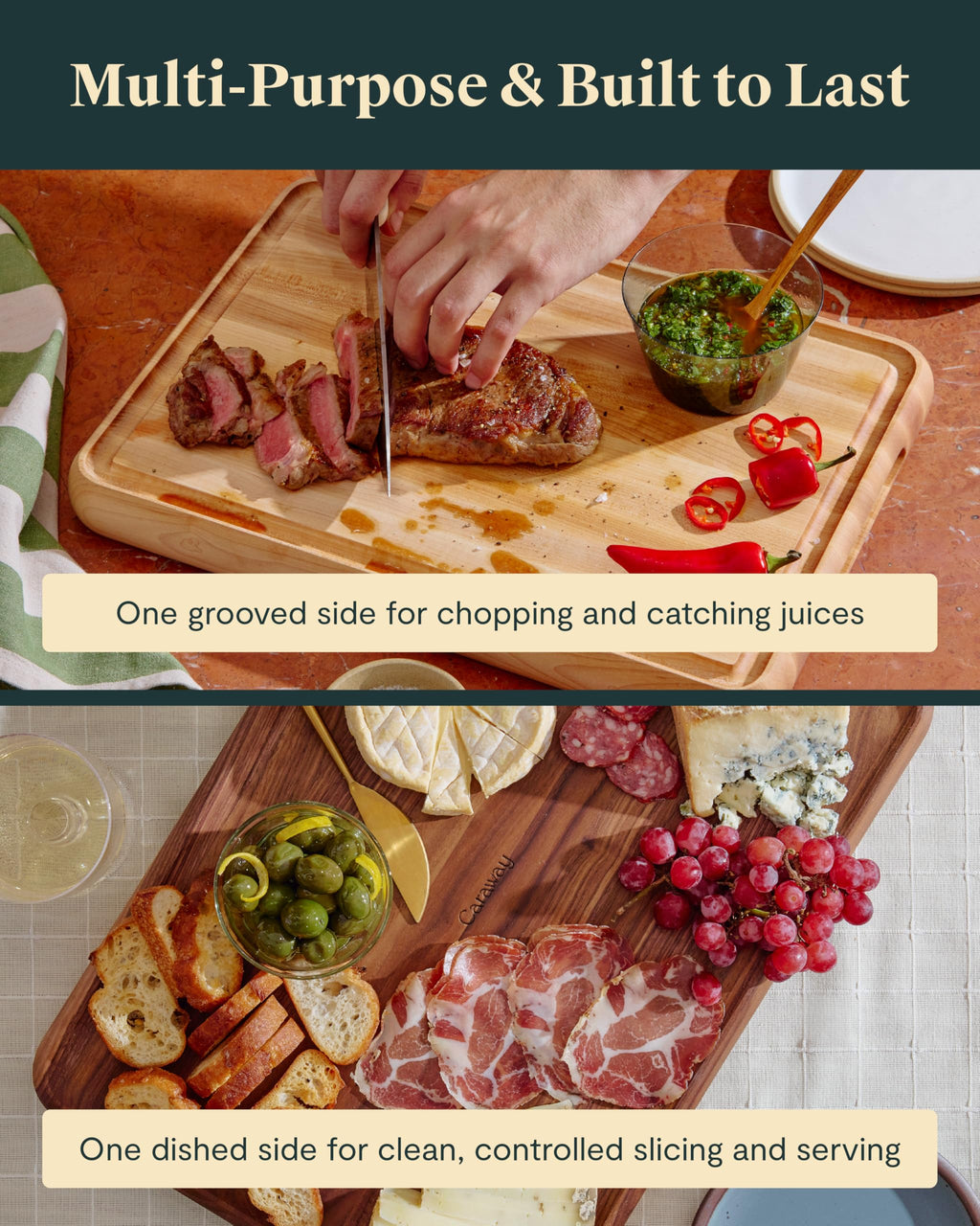 Caraway Prep and Serve Butcher Block, Wood Cutting Board for Kitchen